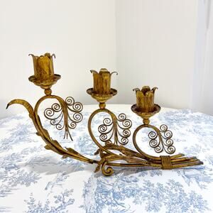 Golden Italian European Gothic Wrought Iron 3 Candle Candelabra Vintage